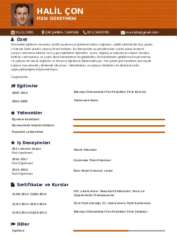 Fizik Öğretmeni CV Örnekleri cv indir